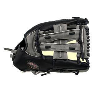 Side view of a black and gray baseball glove with Miken branding and a webbed palm.
