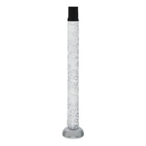 Close-up of a white baseball bat grip with a gray geometric pattern, a black top, and a gray rounded knob.