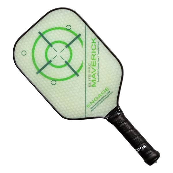Top-down view of a light green pickleball paddle with a green target graphic and MAVERICK text.