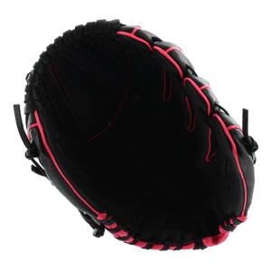 Top-down view of a black fastpitch glove with pink lacing and stitching.