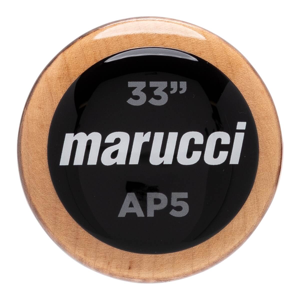 Top-down close-up of a natural wood baseball bat barrel with a black circular insert displaying marucci, 33, and AP5.