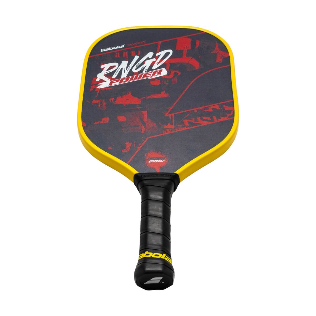 Front view of a yellow pickleball paddle with black and red RNGD Power graphics and a black grip.