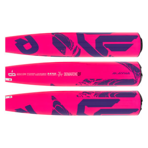 Side view of a pink baseball bat with purple graphics and DEMARINI CF text.