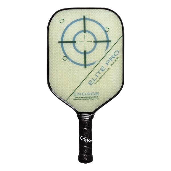 Front view of a light green pickleball paddle with a target design and ELITE PRO text.