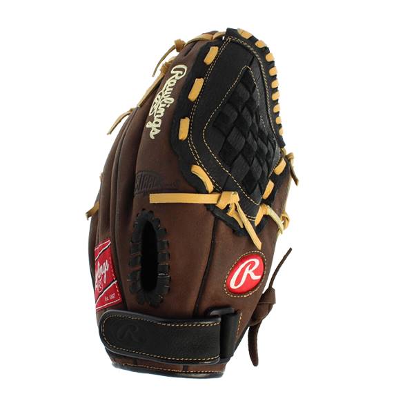 Side view of a brown baseball glove with black webbing and yellow stitching.