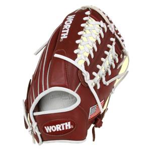 Side view of a maroon baseball glove with white lacing and a WORTH logo.