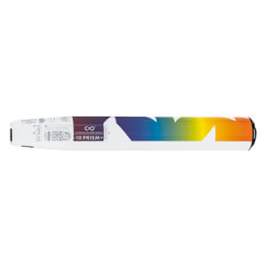 Side view of a white fastpitch softball bat with a rainbow gradient and 10 PRISM+ text.