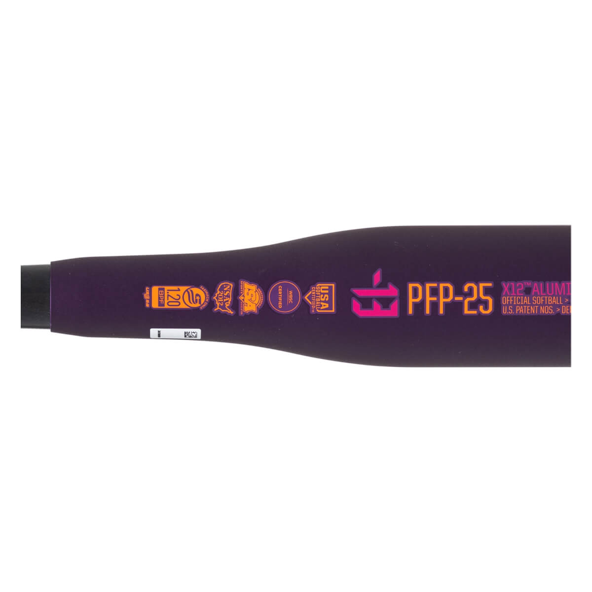 Side view of a dark purple fastpitch softball bat with orange PFP-25 text and multiple certification logos.