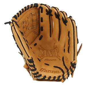 Top-down view of a tan baseball glove with black lacing, MVP logo, and Mizuno branding.