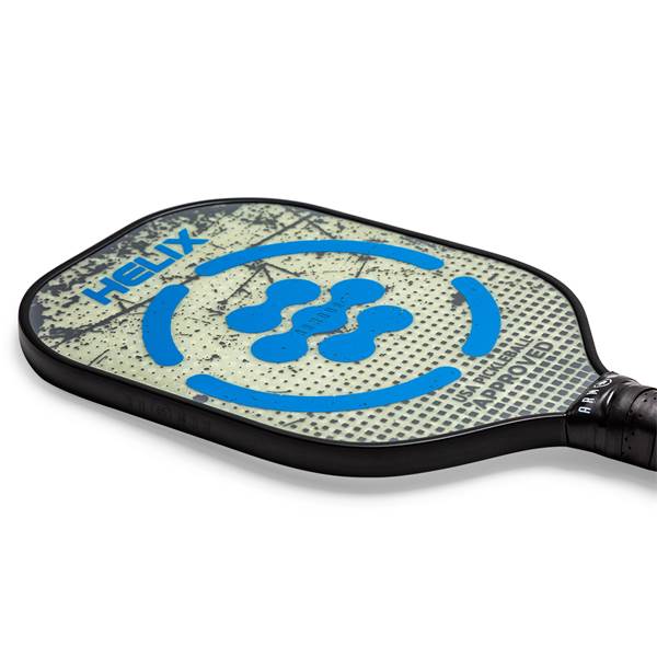 Top-down view of a black pickleball paddle with blue helix design and USA PICKLEBALL APPROVED text.