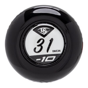 Close-up of a black softball bat end cap with a white circular insert showing LS logo, 31 INCH, and -10.