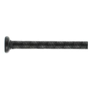Side view of a black baseball bat with a perforated grip and rounded knob.