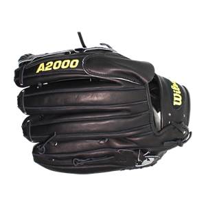 Side view of a black baseball glove with yellow A2000 and Wilson branding.