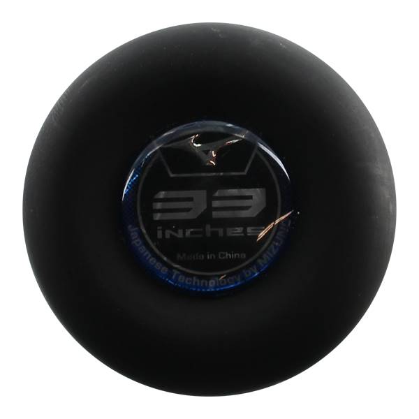 End view of a black baseball bat with 33 inches and Made in China text.