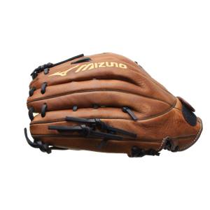 Side view of a brown baseball glove with black lacing and a gold Mizuno logo.