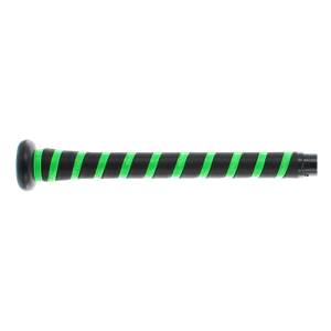 Side view of a black baseball bat with green grip tape and visible Mizuno branding.