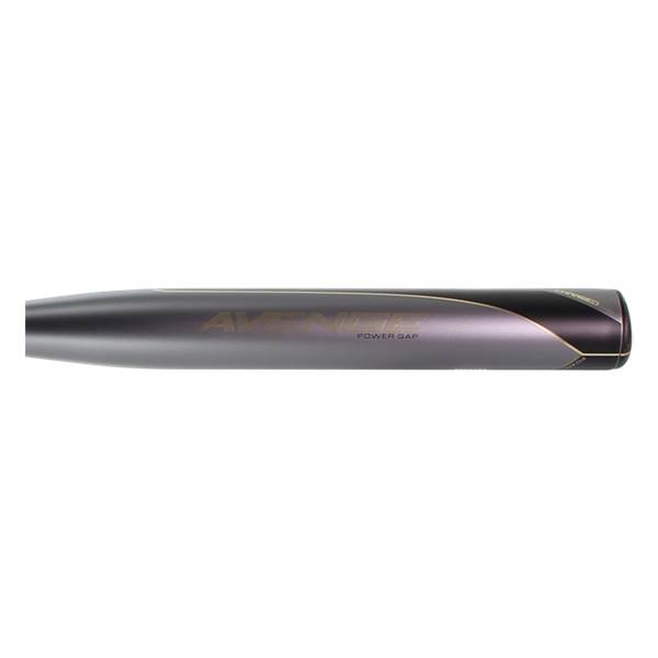 Side view of a gray softball bat with AVENGE and POWER GAP text.