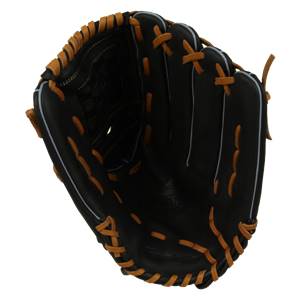 Top-down view of a black baseball glove with tan lacing and white piping.