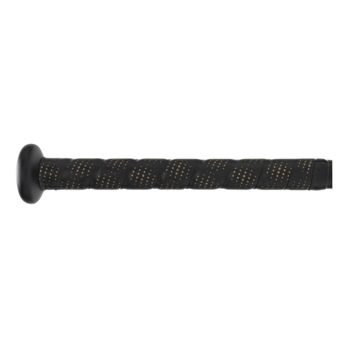 Side view of a black baseball bat with a textured grip and gold dots.