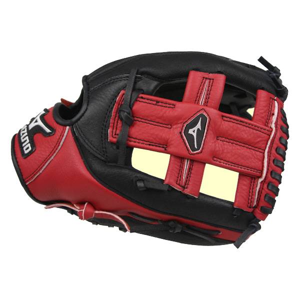 Side view of a red and black baseball glove with a Mizuno logo and MIZUNO text.