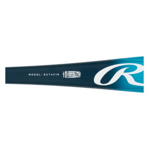 Side view of a blue and teal baseball bat with model RUT4C10 and a large white R logo.