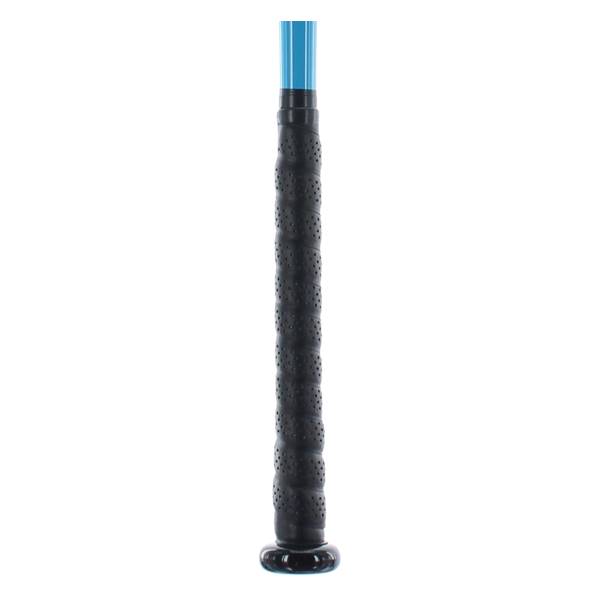 Close-up of a black baseball bat grip with a blue shaft and a black end cap.