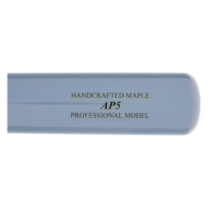 Side view of a light blue baseball bat with HANDCRAFTED MAPLE AP5 PROFESSIONAL MODEL text.
