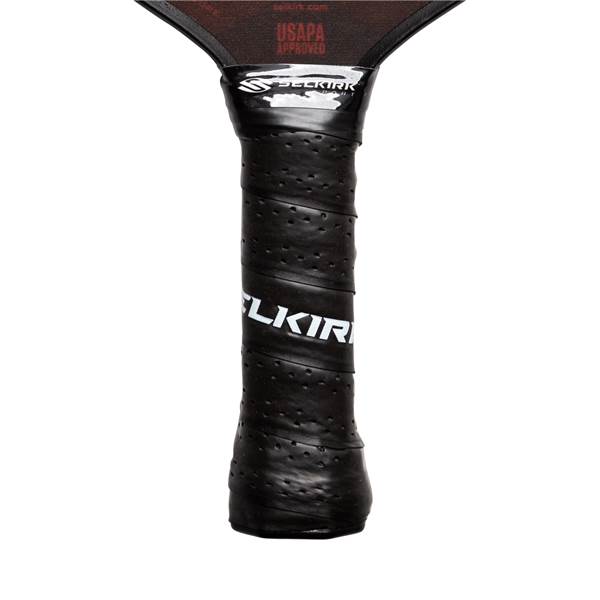 Close-up of a black pickleball paddle grip with white SELKIRK text and USAPA APPROVED stamp.