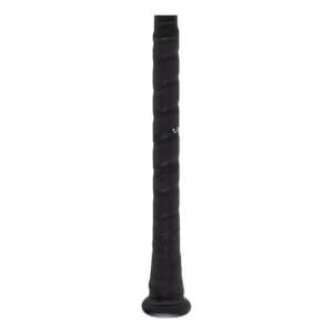 Close-up of a black baseball bat handle with a textured spiral-wrapped grip and a knob at the base.