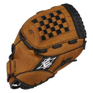 Side view of a tan baseball glove with a checkered web and white E logo.
