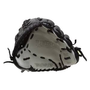 Top-down view of a black and white softball glove with LEGIT and WORTH branding.