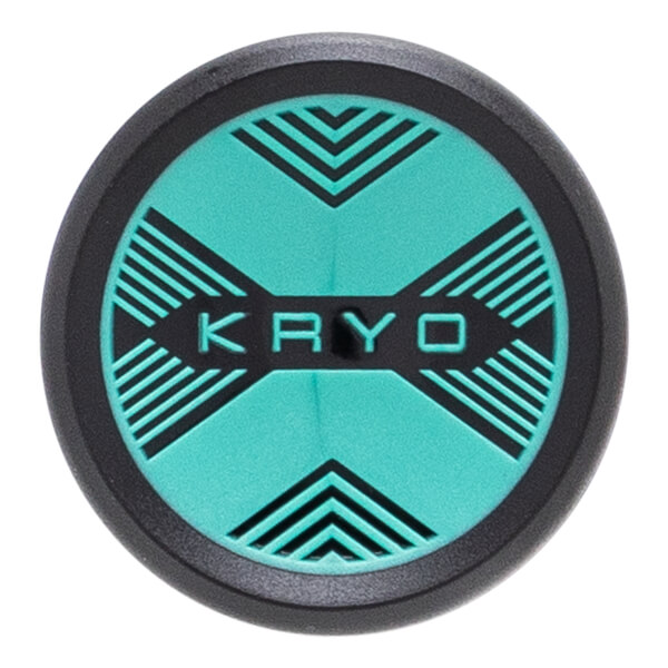 Top-down view of the circular end cap featuring a teal and black geometric design with the word KRYO centered in a black bar.