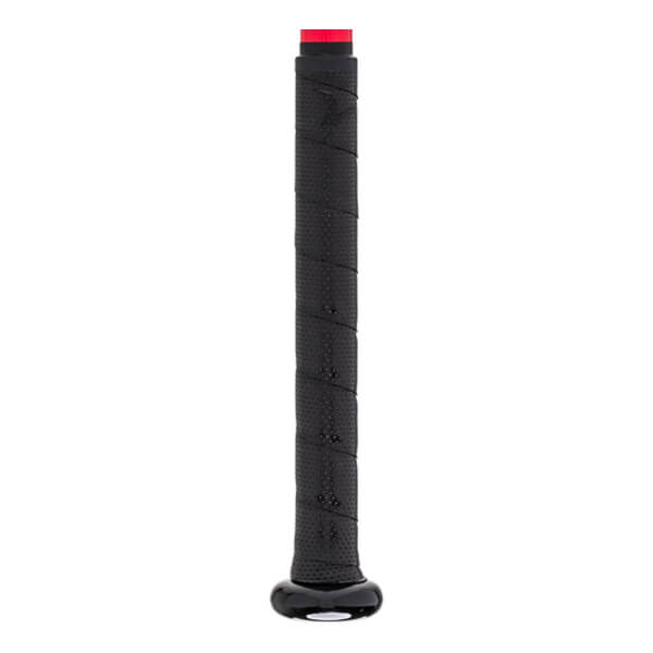 Close-up of a black baseball bat grip with a red end cap and a glossy black knob.