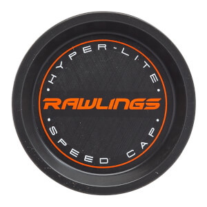 Top-down view of a black baseball bat end cap with orange Rawlings logo, HYPER-LITE, and SPEED CAP text.