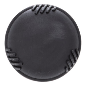 Top-down view of a black baseball bat end cap with textured grip lines.
