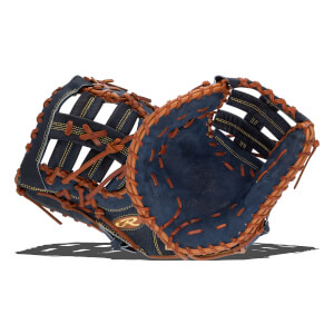 Top-down view of a navy baseball glove with tan lacing and a Rawlings logo.