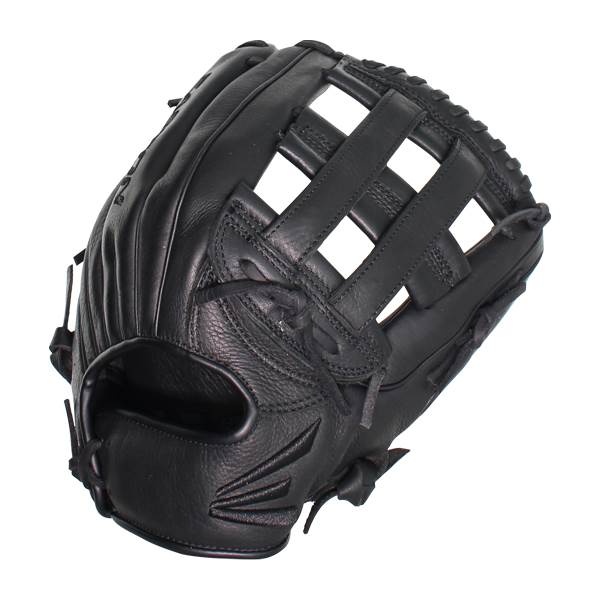 Top-down view of a black baseball glove with a segmented web and embossed Easton logo.
