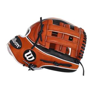 Side view of a brown baseball glove with black accents and a white Wilson logo.