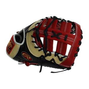 Top-down view of a black, tan, and red baseball glove with white and black lacing and a red Rawlings logo.