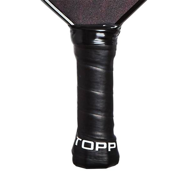 Bottom view of a black pickleball paddle grip with white TOPP branding.