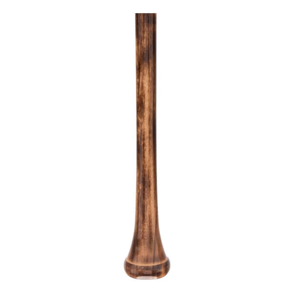Close-up of a dark brown baseball bat with a tapered handle, rounded knob, and visible wood grain.