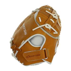 Side view of a tan Easton first base mitt with white lacing and a velcro strap.