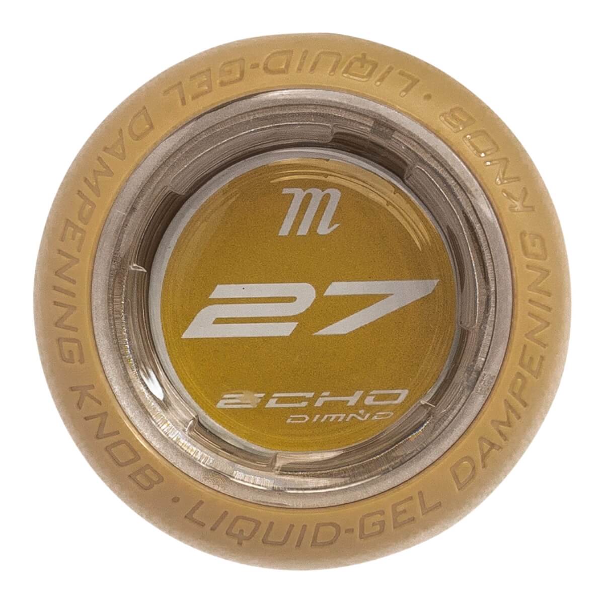 Top-down view of a gold softball bat knob with a central m 27 ECHO DMND logo and LIQUID-GEL DAMPENING KNOB text.