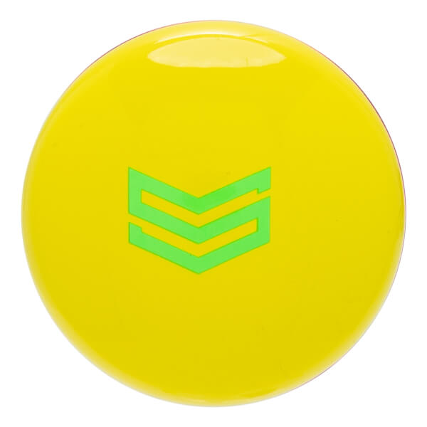 Top-down view of a yellow baseball bat end cap with a neon green stylized S logo in the center.