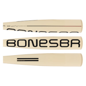 Composite view of a cream baseball bat with black BONESBR and WARSTIC text, a signature, and accent lines.