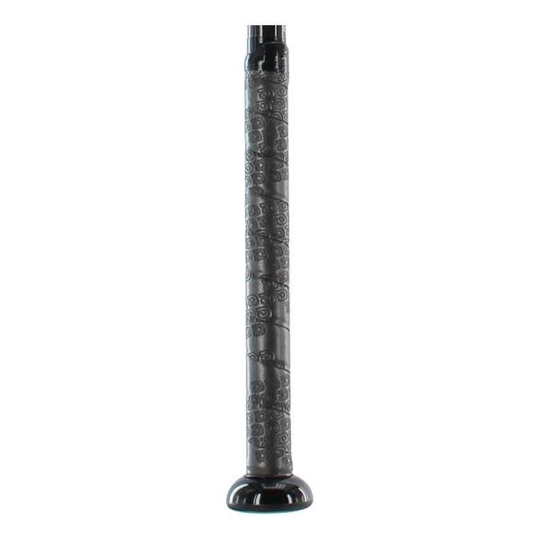 Close-up of a black baseball bat grip with a repeating pattern and a black end cap.