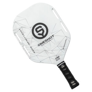 Front view of a white pickleball paddle with black geometric design, ONESHOT PICKLEBALL text, and a black grip.