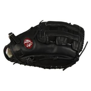 Side view of a black baseball glove with a red circular logo and white lining.