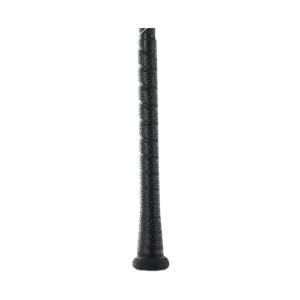 Close-up of a black baseball bat grip with a textured, perforated surface and a black end cap.