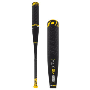 Side view of a black baseball bat with yellow Easton branding and a textured grip.